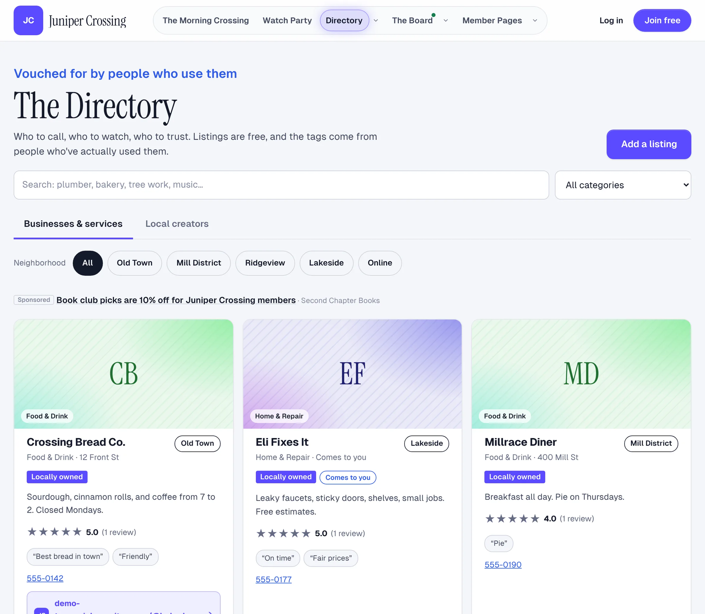 The Juniper Crossing directory: listings for a bakery, a handyman and a diner, with reviews, vouches and a line marked Sponsored