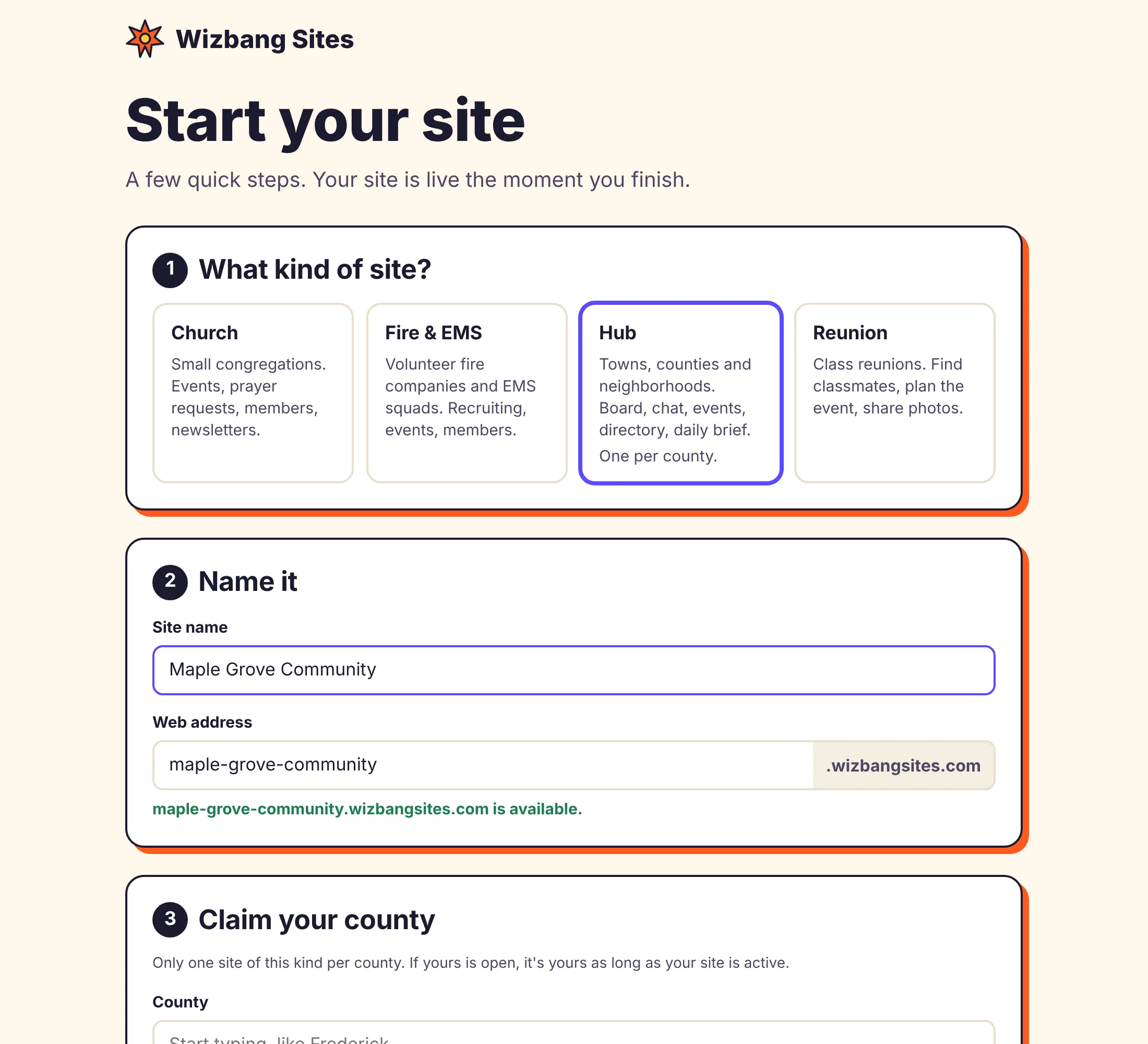 The signup page: pick Hub, name your site and see that your web address is available